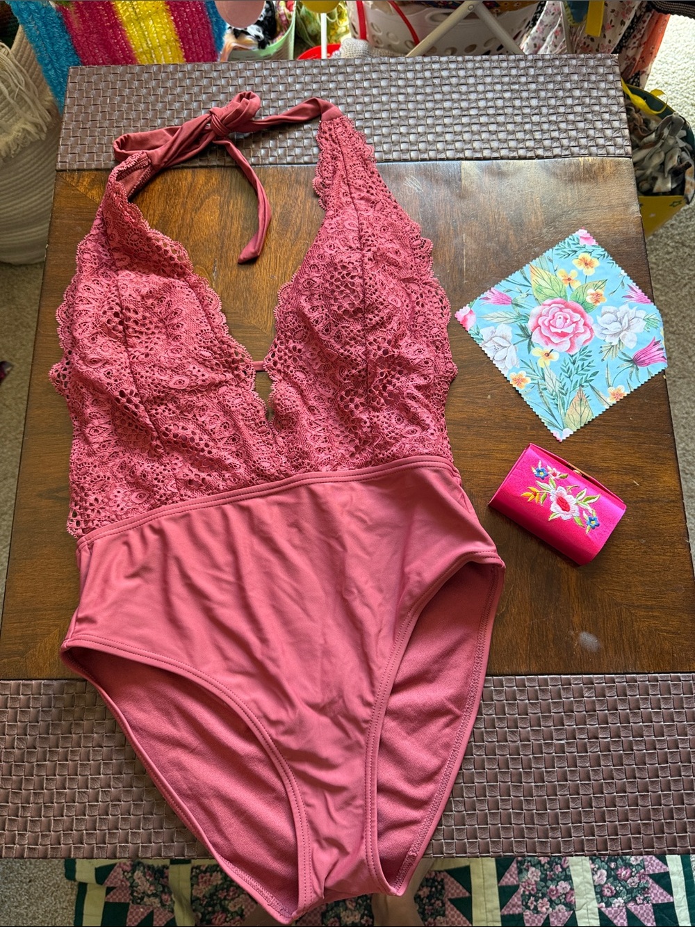 Lace Halter One-Piece Bodysuit Swimsuit in Dusty Rose